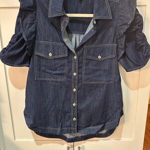Pilcro Denim Button-Up Shirt with Ruffled Sleeves